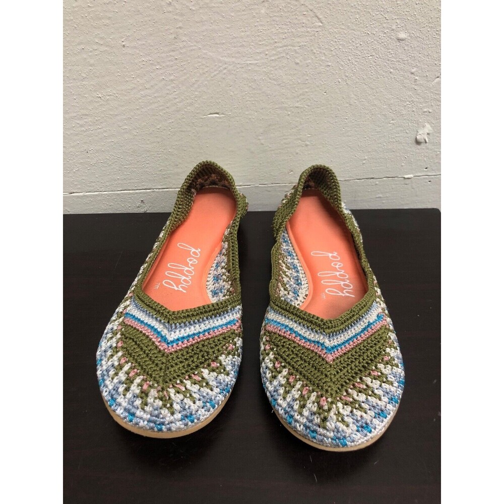 Poppy Summer women crochet flat Shoes -fabric upper-size US 8